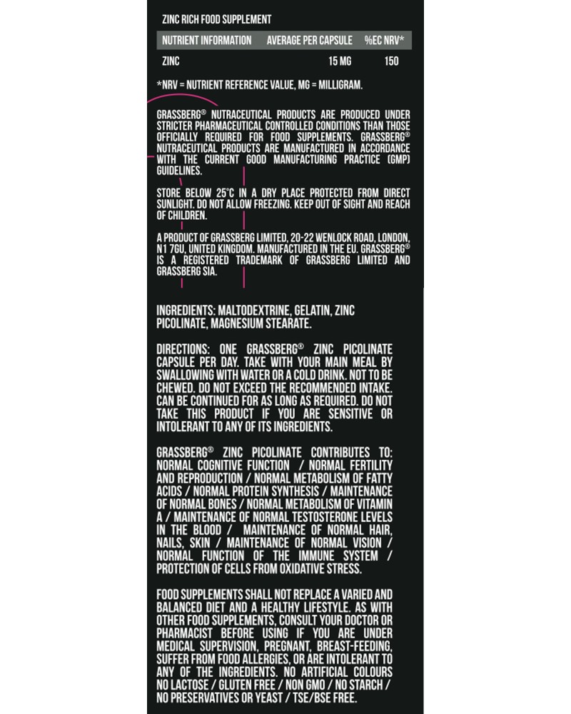 High Absorption Zinc Picolinate 15 мг 60 капсули | Grassberg High Absorption Zinc Picolinate 15 мг 60 капсули | Grassberg