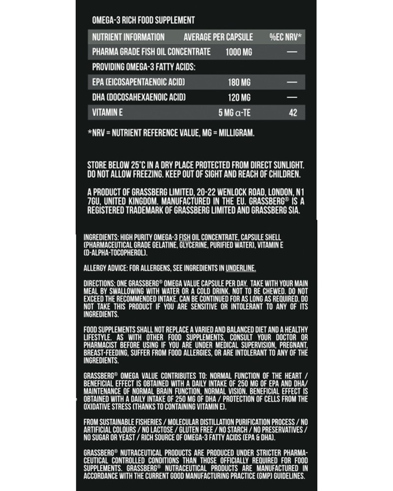 Omega-3 Value 1000 мг 60 гел-капсули | Grassberg Omega-3 Value 1000 мг 60 гел-капсули | Grassberg