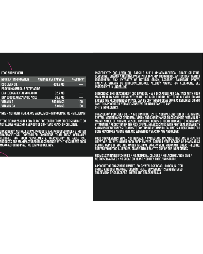 Cod Liver Oil + A + D 60 гел-капсули | Grassberg Cod Liver Oil + A + D 60 гел-капсули | Grassberg