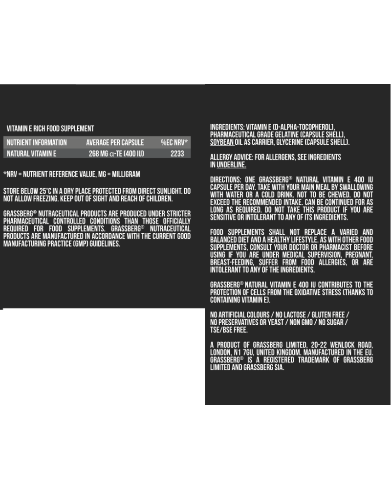 Natural Vitamin E 400 IU 60 гел-капсули | Grassberg Natural Vitamin E 400 IU 60 гел-капсули | Grassberg