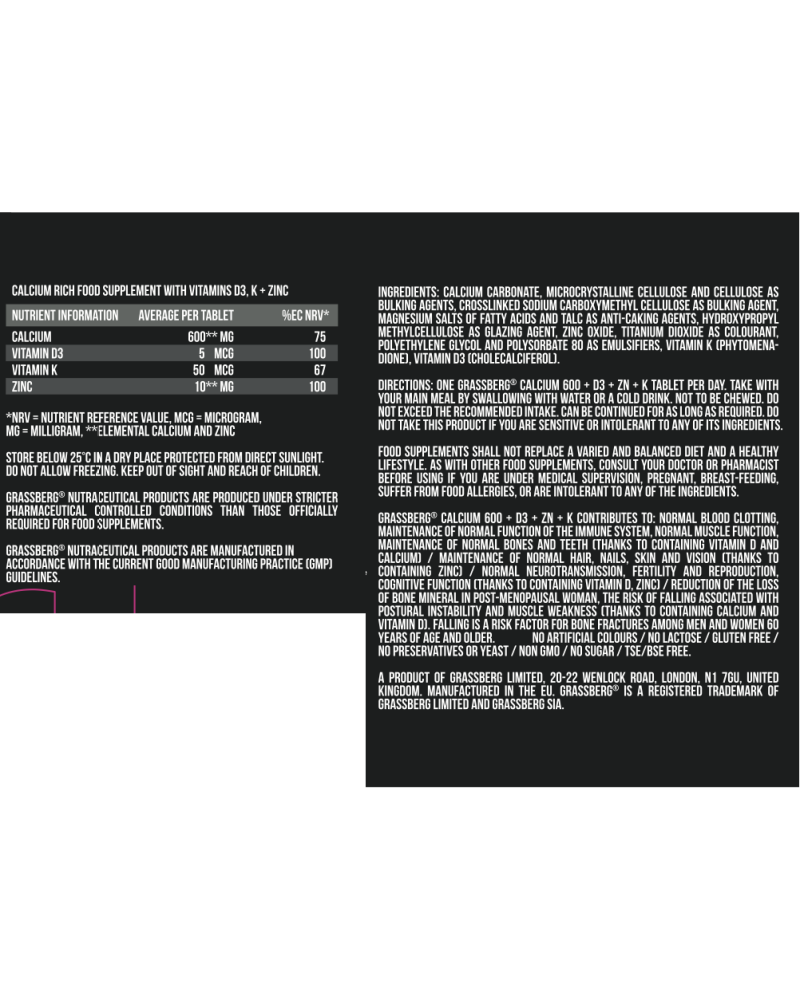 Calcium 600 + D3 + Zn + K 90 таблетки | Grassberg Calcium 600 + D3 + Zn + K 90 таблетки | Grassberg